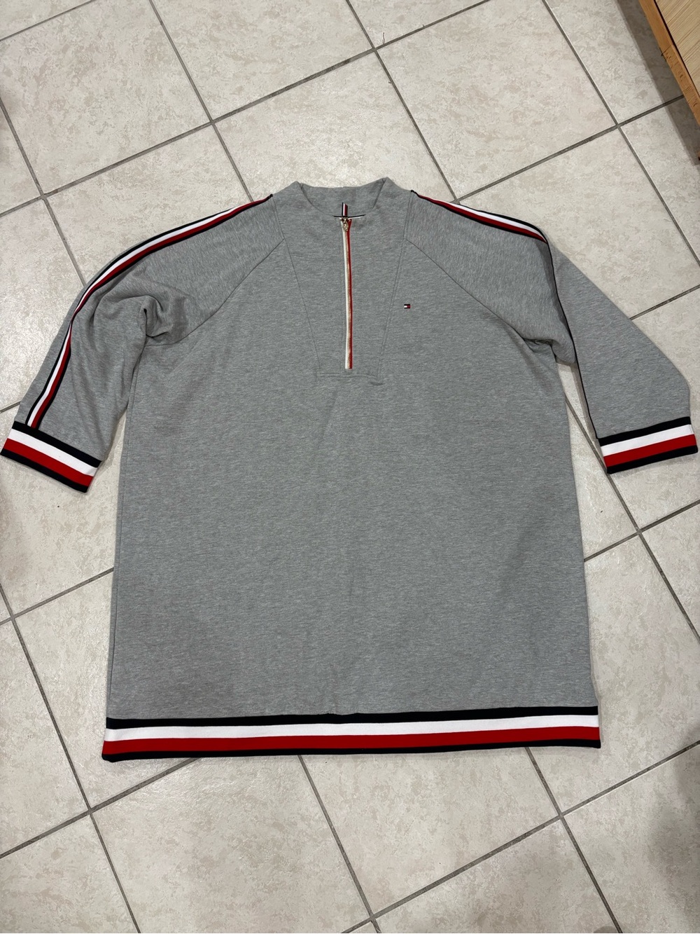 Tommy Hilfiger Gray Half-Zip Sweater dress with Red, White & Black Trim
